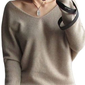 Loose Batwing Sleeve V-Neck Cashmere Wool Sweater